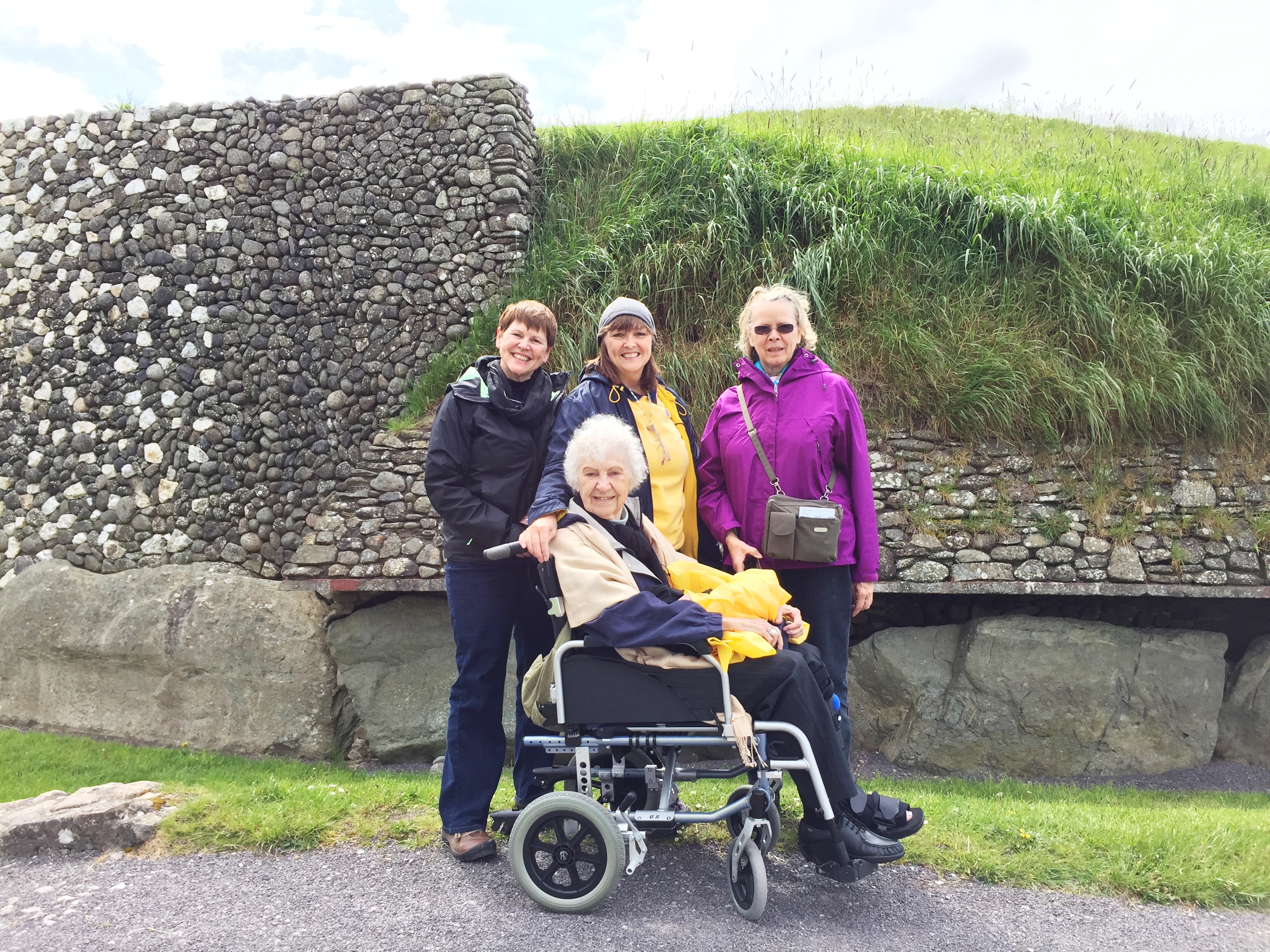 Molly Daniel, Martha Clark, Annis Householder and Roberta Clark (front) at Newgrange mound at Bru na Boinne. Photo by Martha Clark.